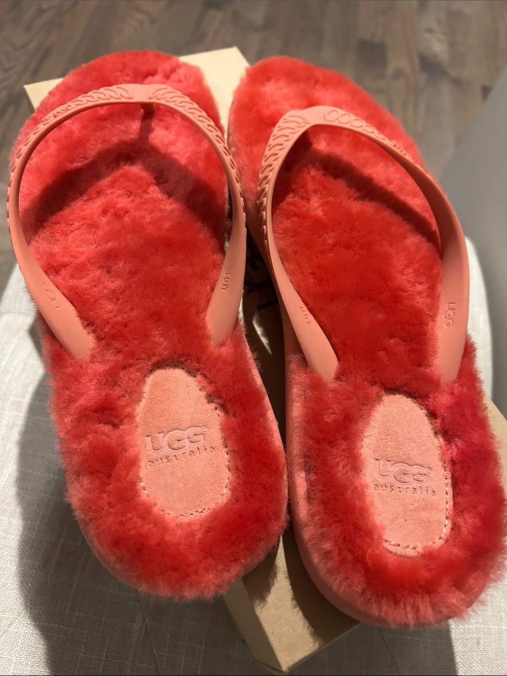 UGG adult Coral Red Plush Shearling Flip Flops